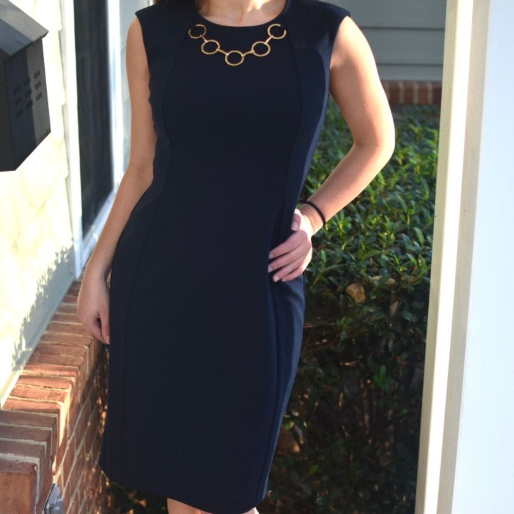 Calvin Klein Navy Sheath Dress with Gold Detailing